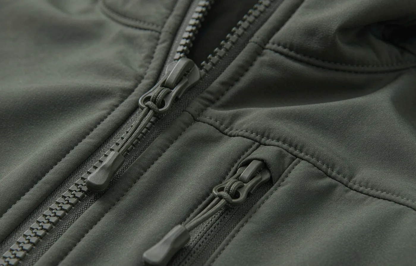 Technical jacket with water-repellent zipper and drawcord toggle
