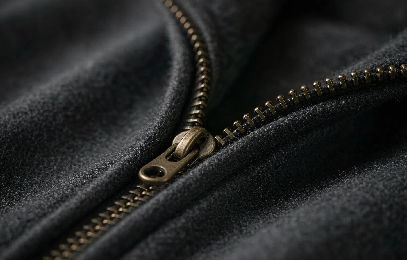 Antique brass metal zipper — part of the Senfa full trims package